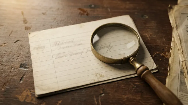 A library index card with handwritten notes beside a magnifying glass