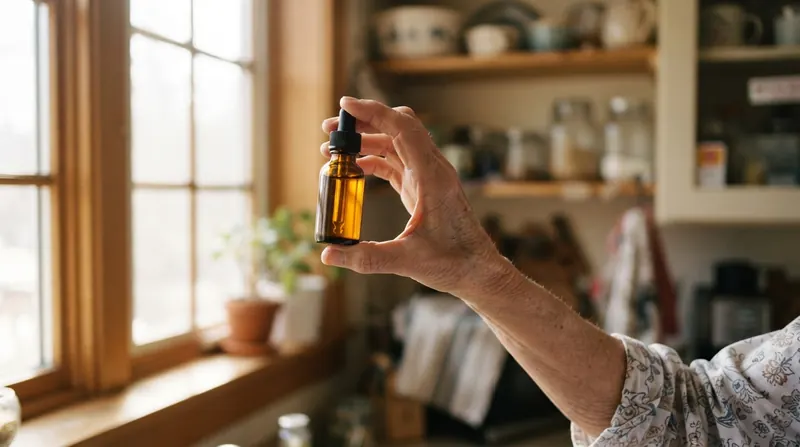 A glass dropper bottle held up to morning window light