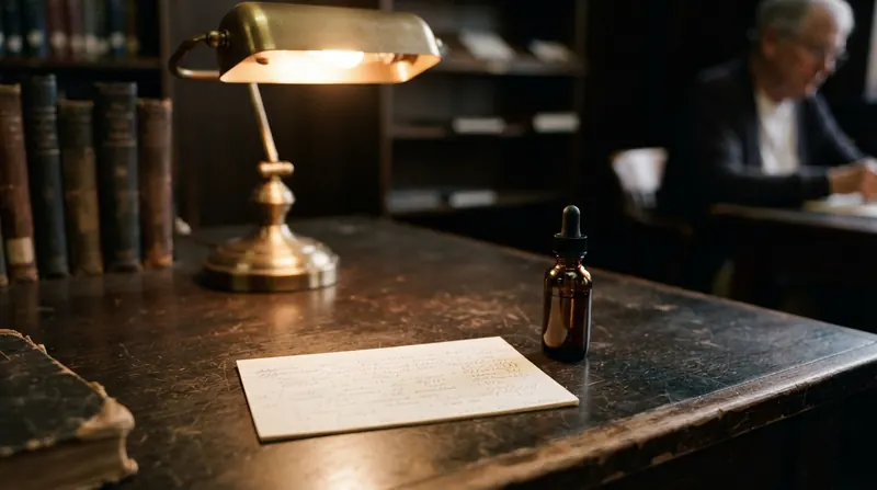 A handwritten index card beside a small glass bottle on a wooden desk