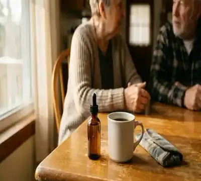 A mug of coffee steaming on a kitchen counter beside a small bottle, slow pan